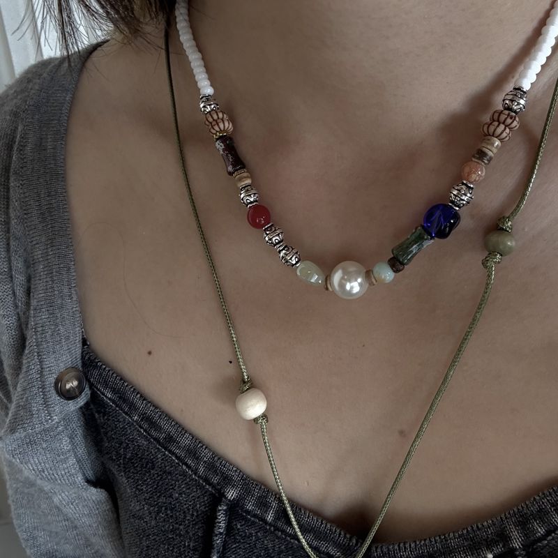 Elephant Pendant Necklace Female Hand-woven Colored Natural Stone Neck Chain Light Luxury Niche New Chinese Beaded Sweater Chain_voghion.com