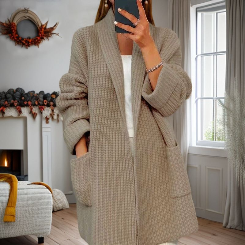 Abbigliamento da donna autunno 2024 nuovo cardigan con scollo a V tinta unita, maglione ampio con tasche, cappotto_voghion.com