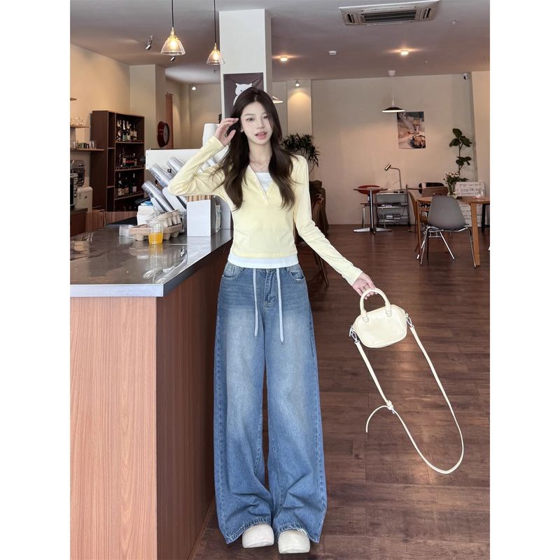 Early Autumn Cream Yellow Two-Piece Long Sleeve T-Shirt For Women 2025 New Slim Fit Regular Shoulder Short Design_voghion.com