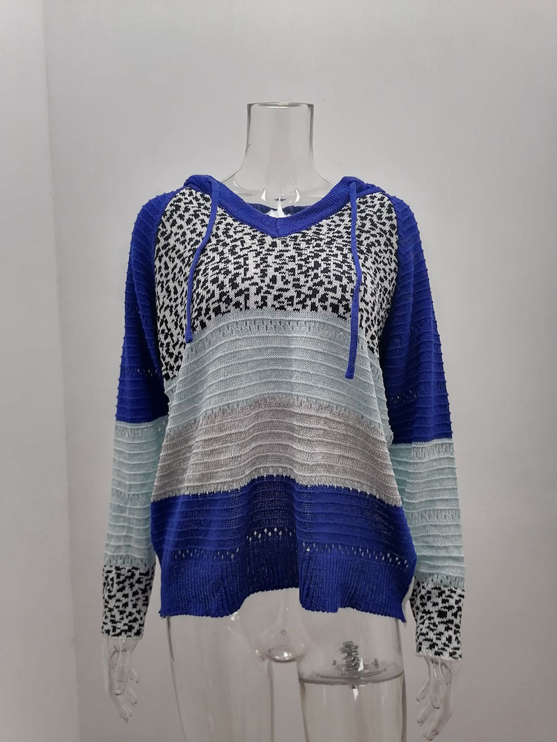 Roupas femininas New Wish Outono e Inverno Listrado Com Capuz Suéter Estampa Leopardo_voghion.com