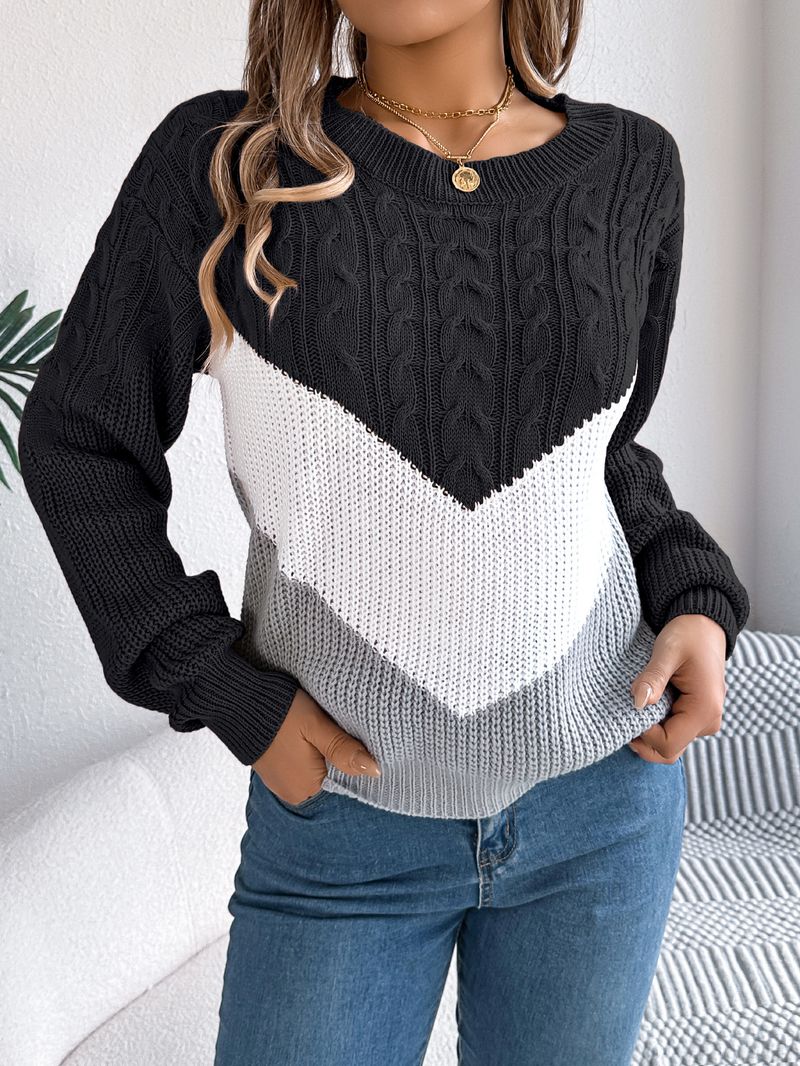 Maglione pullover a maniche a lanterna in maglia a blocchi di colore casual autunno inverno 2025 da donna_voghion.com