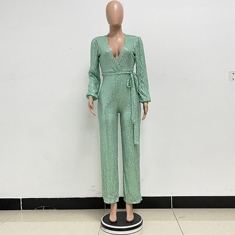 Damkläder Ins Style Deep V Mode Casual Jumpsuit Långärmat Bälte Paljett Jumpsuit Dam_voghion.com