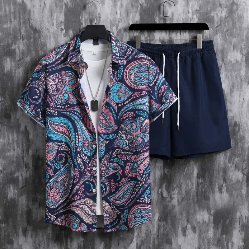 Sommer Neue Gedruckt Hemd Zwei Stück Jugend Casual Mode Herren Set_voghion.com