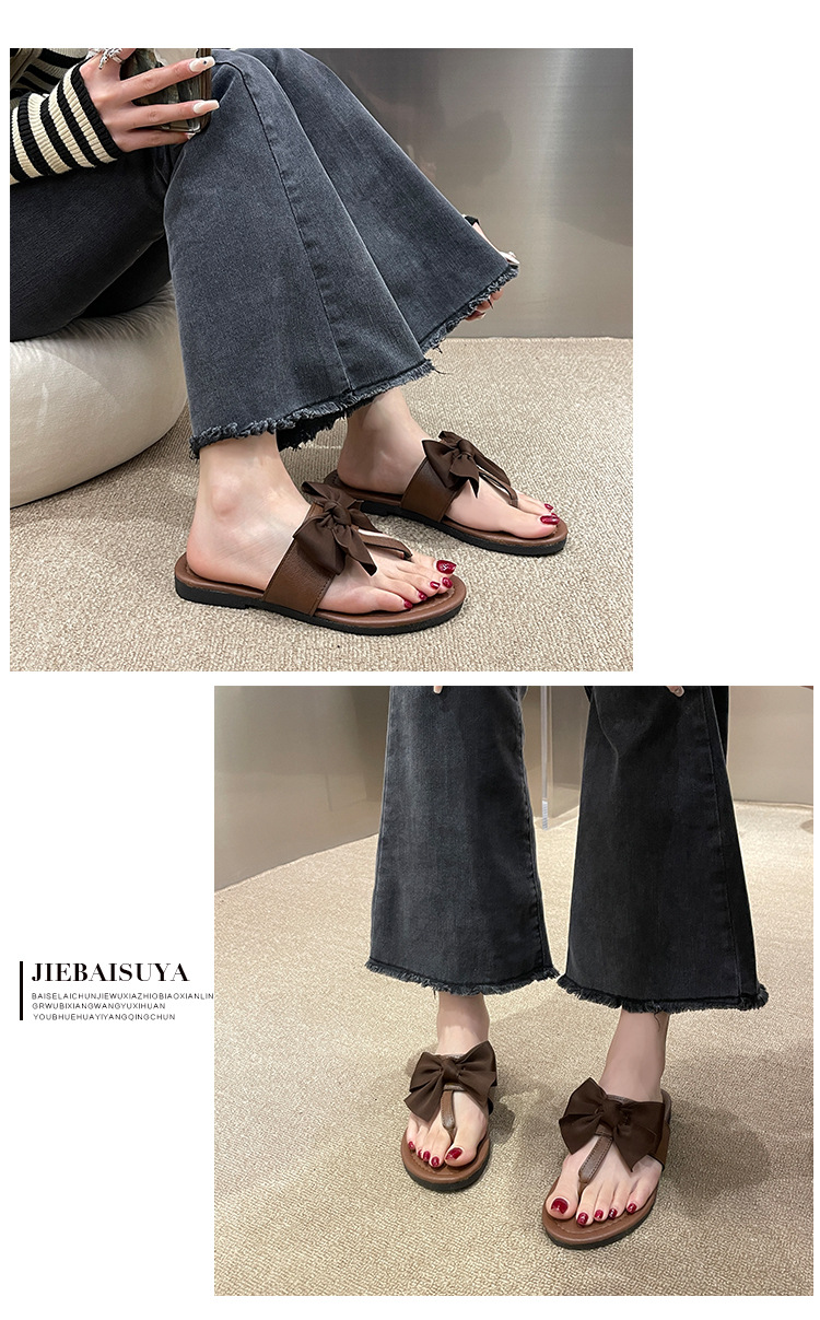 L'infrarosso netto indossa il nuovo stile clip-toe word fondo piatto pantofole casual con tacco basso da donna pantofole da spiaggia a forma di T cross-border bowknot_voghion.com