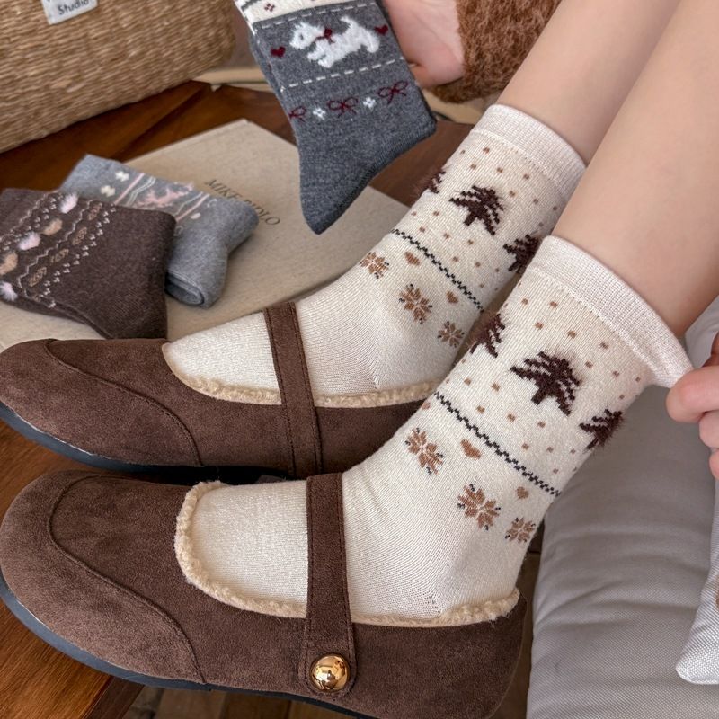 Lillian Herbst Winter New Fair Ile Dreidimensionaler Jacquard Koreanischer Stil Warm Mid-Calf Damen Retro Verdickt Weihnachten_voghion.com