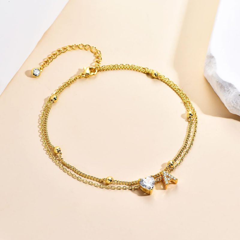 Hot-Selling 26 Letter Heart Zircon Inlaid Layered Anklet Elegant A-Z Beaded Adjustable Ankle Chain_voghion.com