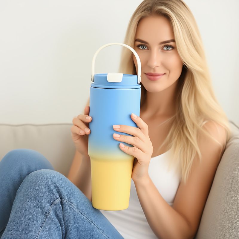 Tazza per acqua isolante in acciaio inossidabile di grande capacità - A prova di perdite senza BPA grado 304, dal pastello al turchese con coperchio e manico,_voghion.com