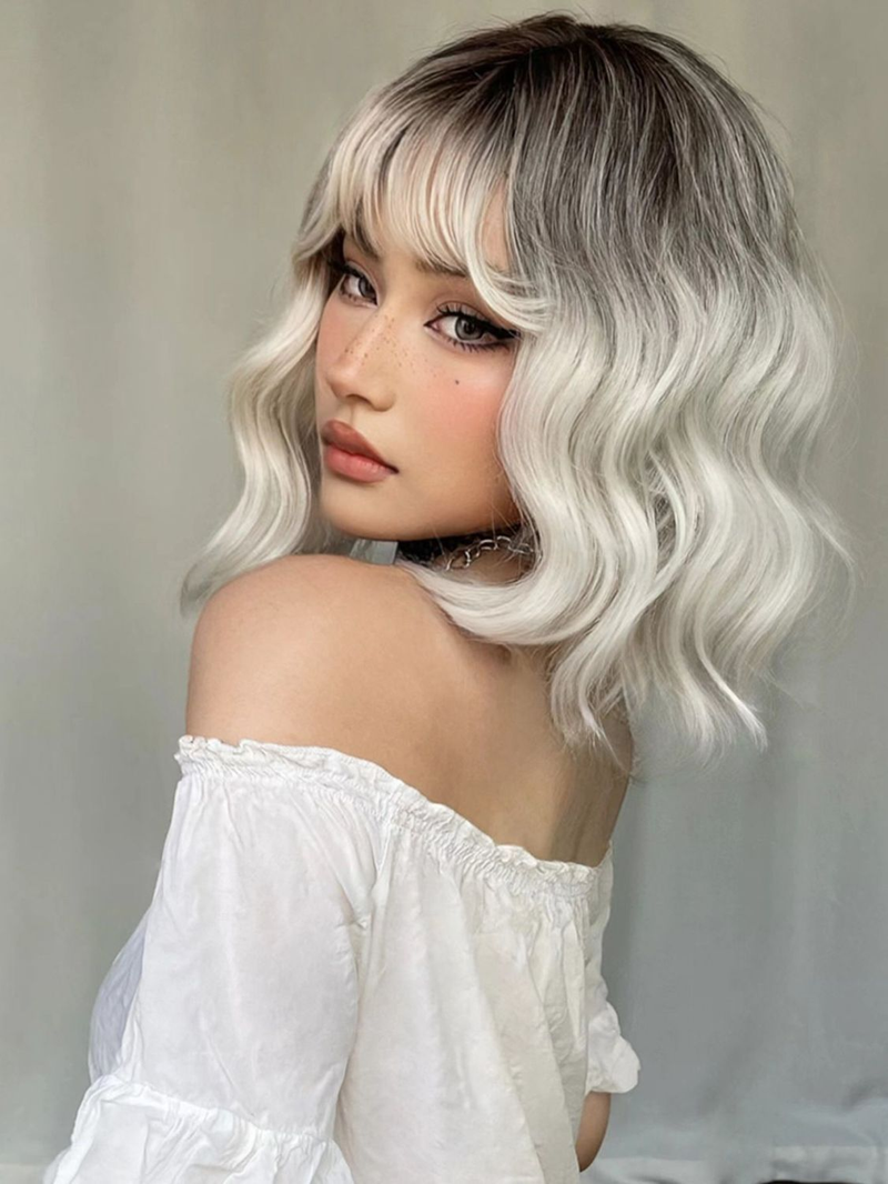 Kurze Damenperücken, Haar, Weißgold, Farbverlauf, kurzes lockiges Haar, Rose-Mesh-Vollkopf-Set, Persönlichkeit_voghion.com