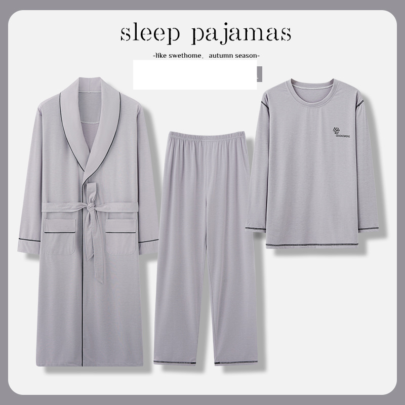 Pyjama Herren Bademantel Frühling und Herbst Modal Langarm Mittellanger Bademantel Aus Baumwolle Und Seide In Übergröße Dreiteilige Heimkleidung_voghion.com