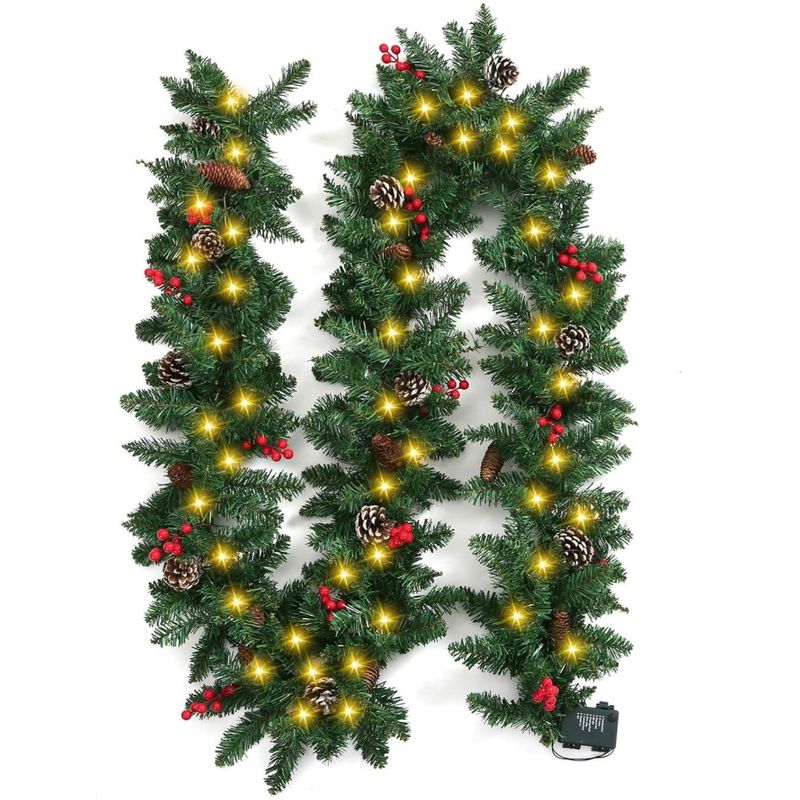 Ghirlanda natalizia premium da 270 cm con bacche rosse e luci - Aghi di pino finti densi, decorazione festiva per porte, caminetti e scale_voghion.com