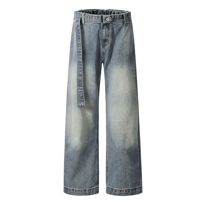 Gewassen vintage jeans Amerikaanse High Street heren veelzijdige Dad Casual riem losse rechte lange broek_voghion.com