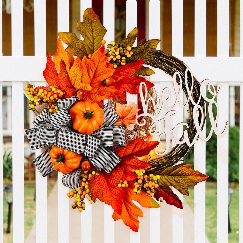 Cross-border Autumn Bow Artificial Garland Harvest Festival Pumpkin Berry Rattan Circle Thanksgiving Decorative Wall Hanging_voghion.com