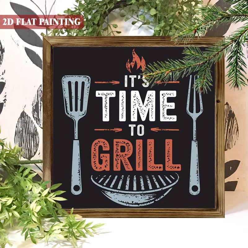 Placa rústica de madeira "É hora de grelhar" - Arte para churrasco de 20x20 cm. Perfeita para cozinha, quintal ou como presente de verão._voghion.com
