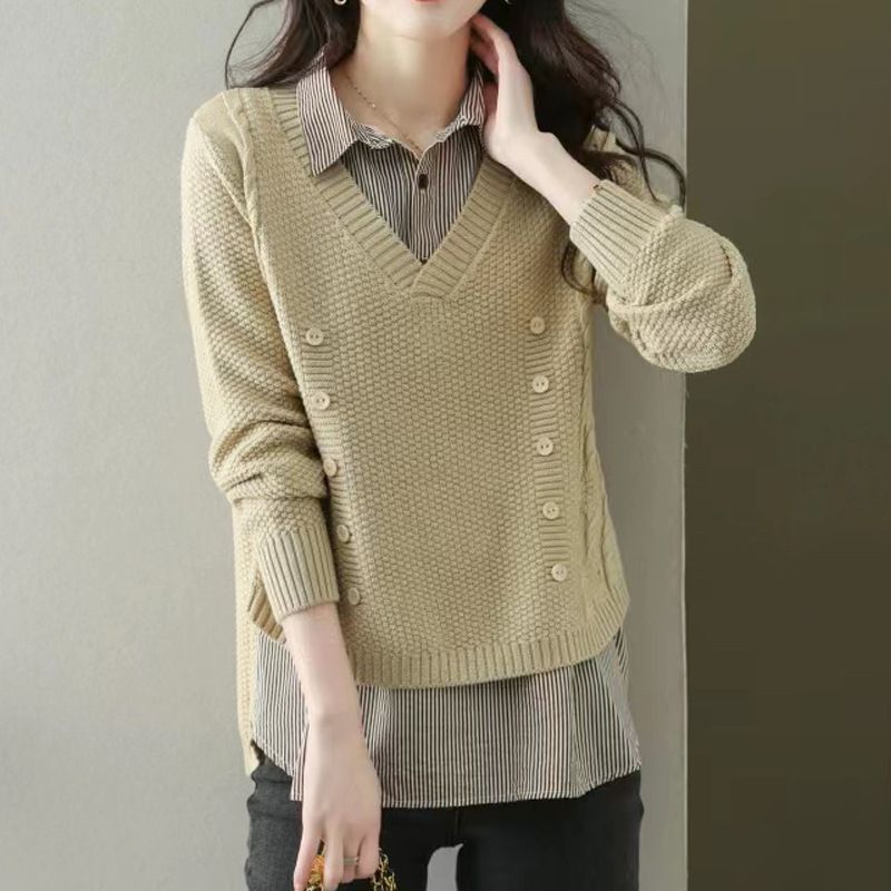 Maglione da donna con colletto impiombato in due pezzi lavorato a maglia per la nuova primavera e autunno 2025, intimo e capispalla_voghion.com