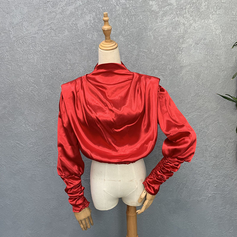 Women's woven tops fashion loose high collar long sleeves slim short tops _voghion.com