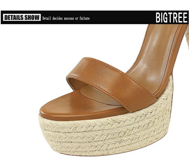 Retro Straw Woven Open-toed Sandals Women's Waterproof Table Thick Heel One-word Buckle Strap Super High Heel Women's Shoes_voghion.com