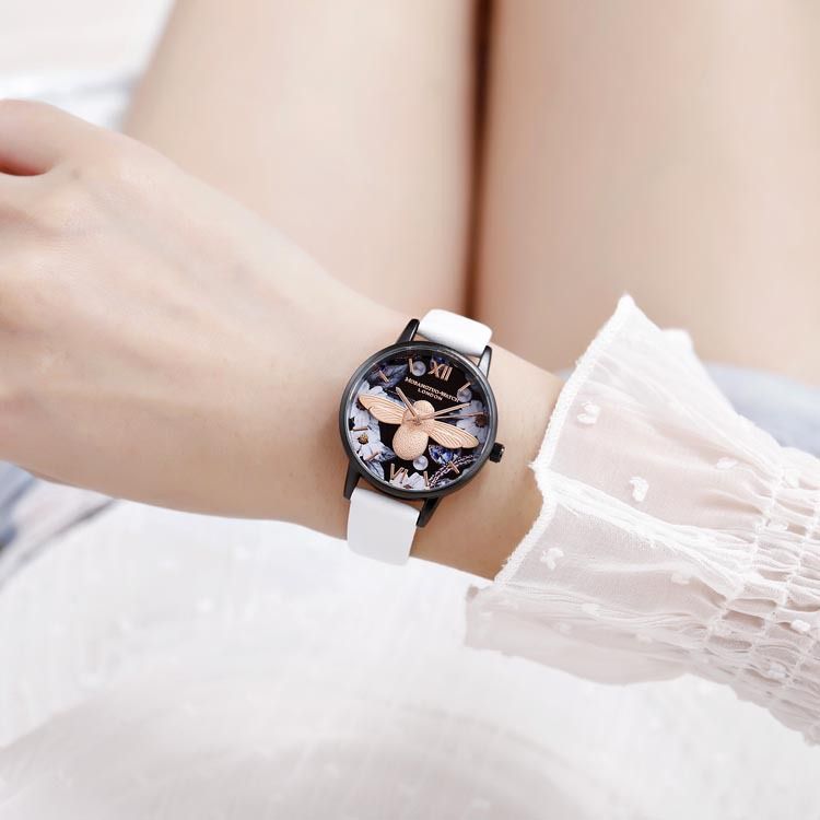 OB Little Bee Orologio al quarzo in stile cinese con conchiglia impermeabile e quadrante nero, stile letterario, stile studentessa_voghion.com