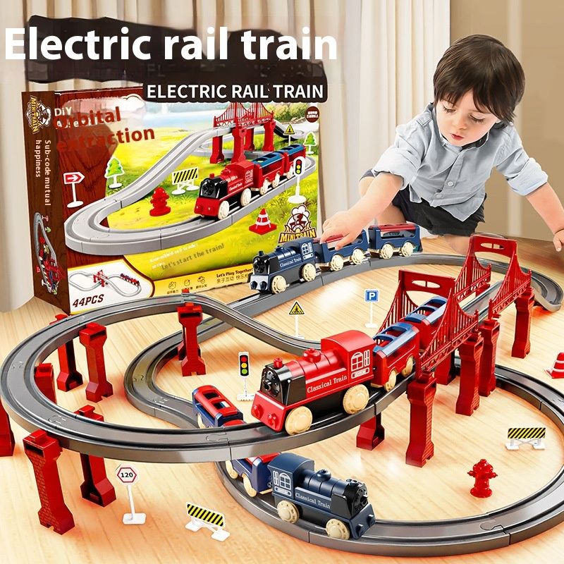 Elektrický vláček, malý s kolejemi, chlapecký simulátor rychlovlaku, puzzle, dárek k narozeninám, dětské hračky_voghion.com