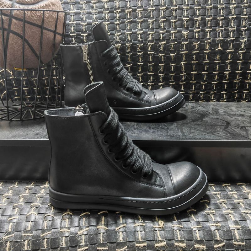 RO Herren Top Leder Schwarz Breite Schnürsenkel Dicke Sohle Höhe Erhöhen Dark Style High Street Casual Board Schuhe Damen_voghion.com