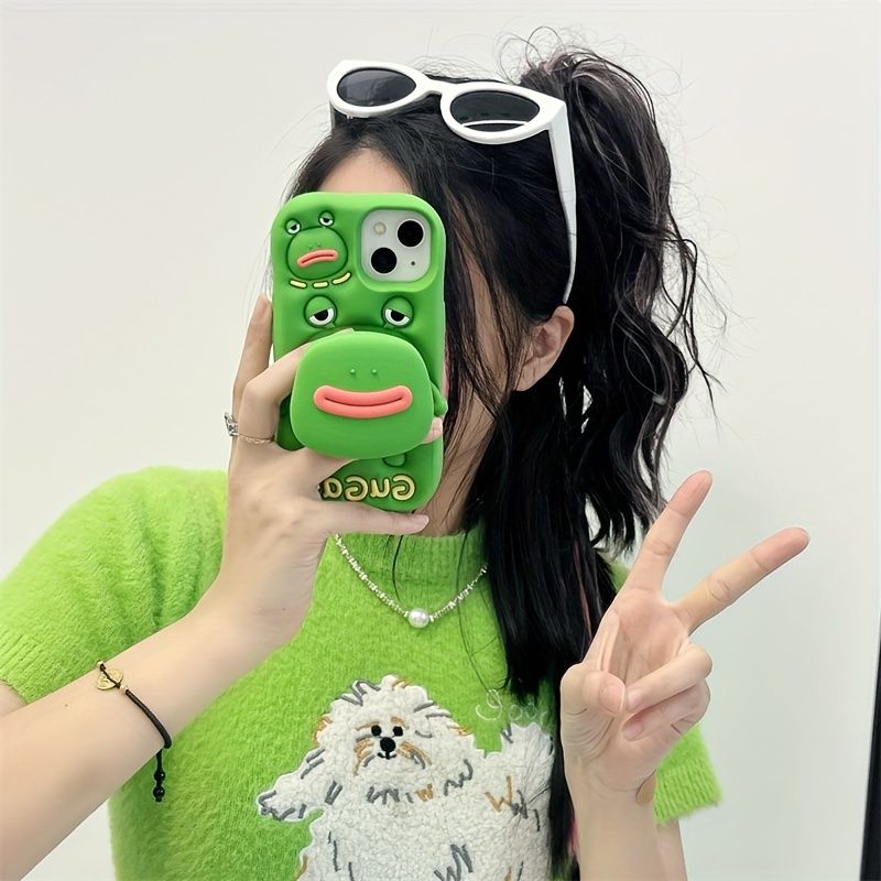 Embroidered Cute Frog Silicone Phone Case with Integrated Stand for - 3D Cartoon Protective Cover with Non-Slip Grip_voghion.com