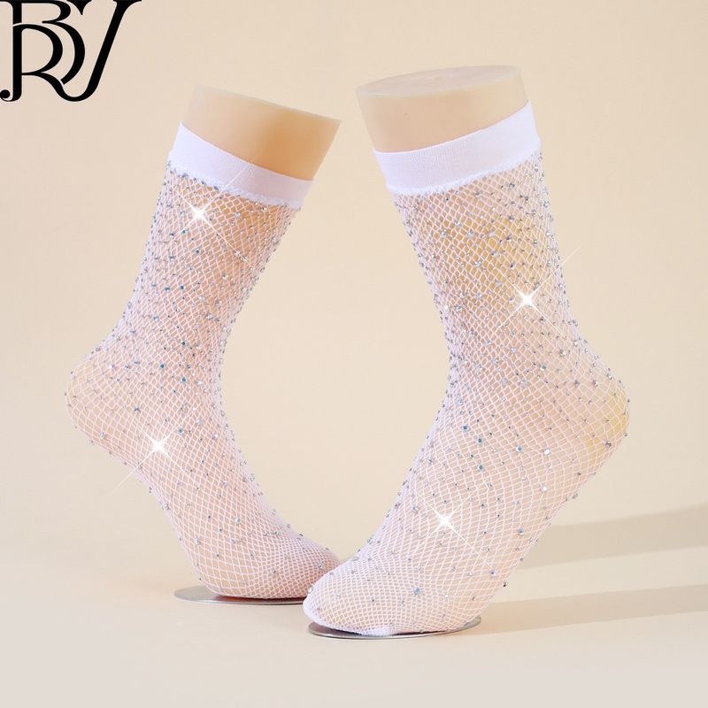 2025d Fashionable Rhinestone Short Fishnet Stockings For Women, Simple Solid Color Mid-Calf Mesh Socks_voghion.com