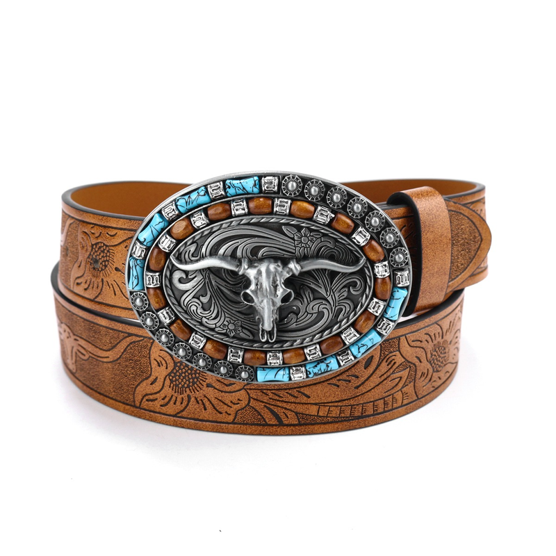 Western cowboy belt Cowhead big plate buckle trend Retro youth retro men's punk leather belt_voghion.com