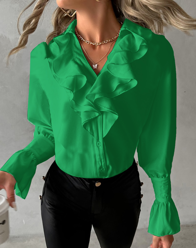 ST23297Dammebluse Einfach Bléiebliederärm Schwaarz Wäiss Giel Rüschen Laangärm Elegant V-Ausschnëtt Form Fit Hierscht_voghion.com