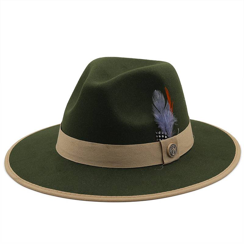 Sombrero de fieltro de lana con cinturón tejido de plumas de color sólido con borde, sombrero de copa de jazz de ala plana de moda de fiesta de otoño e invierno europea y americana_voghion.com