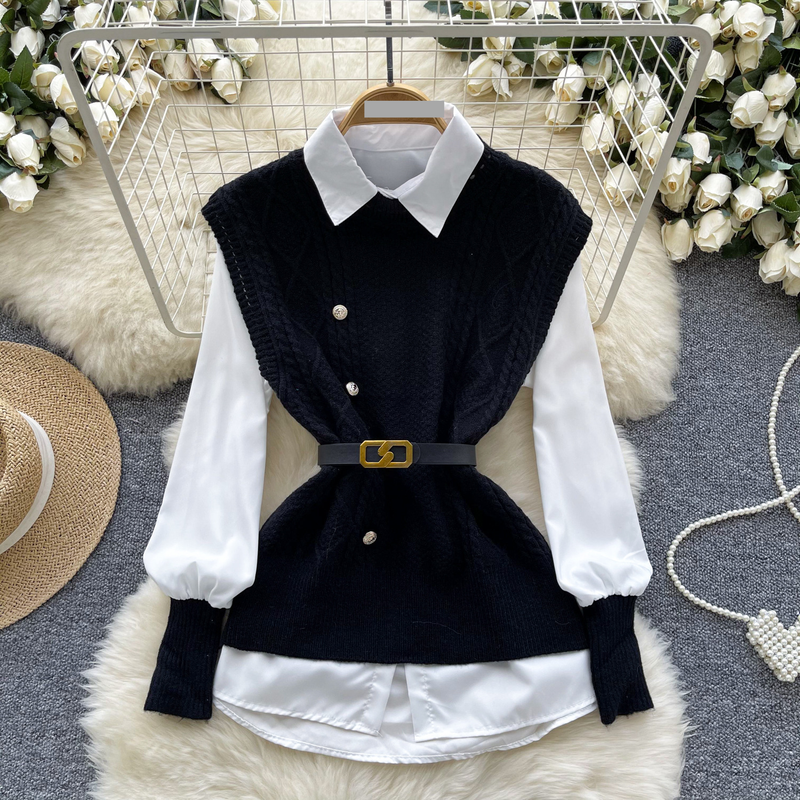 Damenbekleidung Lagenhemdweste Damen Herbst Zweiteiler Modischer und vielseitiger ärmelloser gedrehter Strickweste mit Langarmhemd_voghion.com