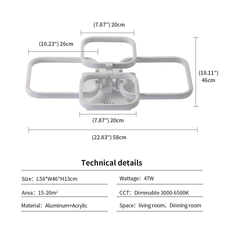 GOECO Quadratische Design-Deckenleuchte mit 4 Köpfen, Aluminium, Weiß, 47W, Größe 58x46 cm, mit Helligkeitsregulierung und Fernbedienung, 220V_voghion.com