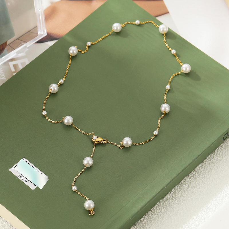 Collana da donna in acciaio al titanio regolabile con catena di perle e piccola catena per clavicola in acciaio inossidabile_voghion.com