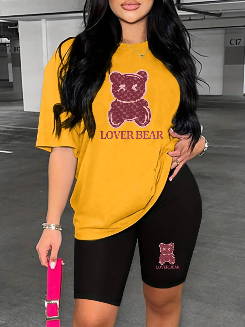 Women’s 2 Piece Outfit Set – Oversized Graphic T-Shirt And Biker Shorts Matching Set, Casual Summer Lounge Tracksuit For Daily Wear_voghion.com