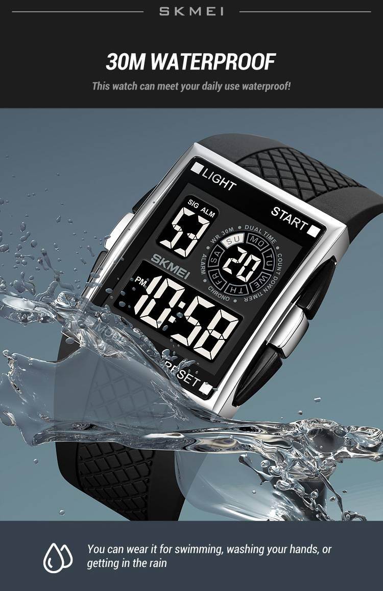 SKMEI 1967 Digital Sports Watch: Square Case, 30M Waterproof, Dual Time, Countdown, Alarm, LED Light, 12/24H Format, Fashion Street Style._voghion.com