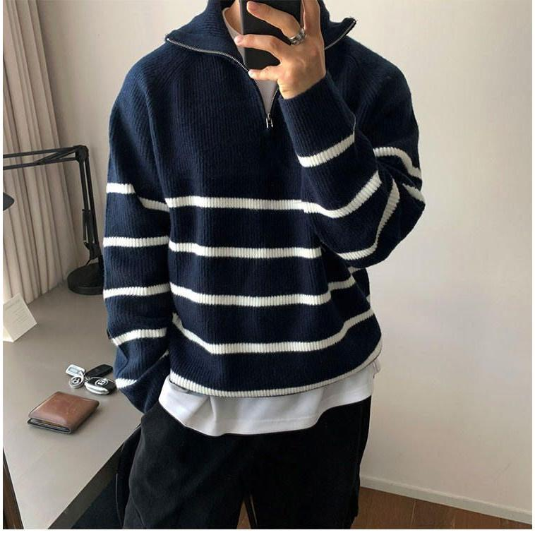 Herrenbekleidung Herren-Pullover mit halbem Reißverschluss und Streifen – Strickpullover mit Stehkragen (Paar-Stil, entspannte Passform)_voghion.com