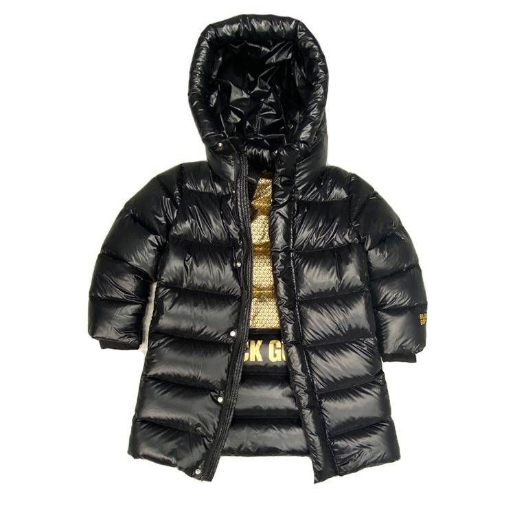 Kids' Long Down Coat With Golden Logo – Knee-Length Winter Puffer Jacket For Boys & Girls (7 Heights, Black)_voghion.com