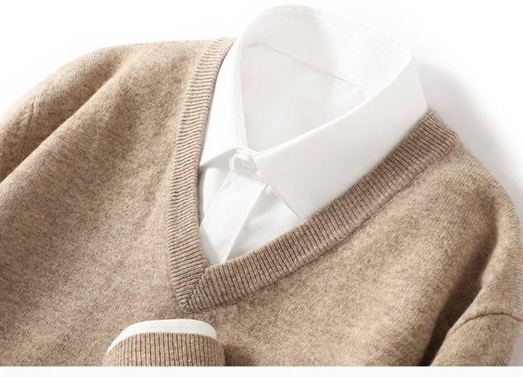 Men's 100% Wool Sweater V-Neck Comfortable Business Casual Pullover Knitwear Soft Breathable Loose Fit Winter Warm Tops_voghion.com