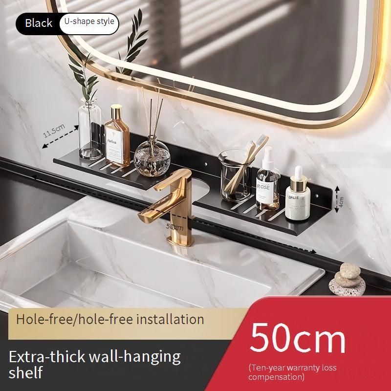 Rotguss/Schwarzes Badezimmerregal zur Wandmontage, rostfreier Wasserhahn-Organizer ohne Bohren für die Waschbecken-Arbeitsplatte, 30–80 cm großes Badezimmer-Aufbewahrungsregal_voghion.com