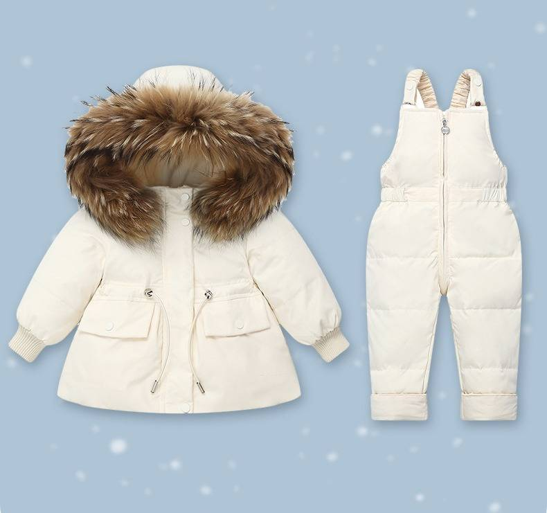 Conjunto de chaqueta de plumón de invierno para niños: traje de nieve cálido con capucha y tirantes desmontables (80-100 cm, beige, verde, morado y rosa)_voghion.com