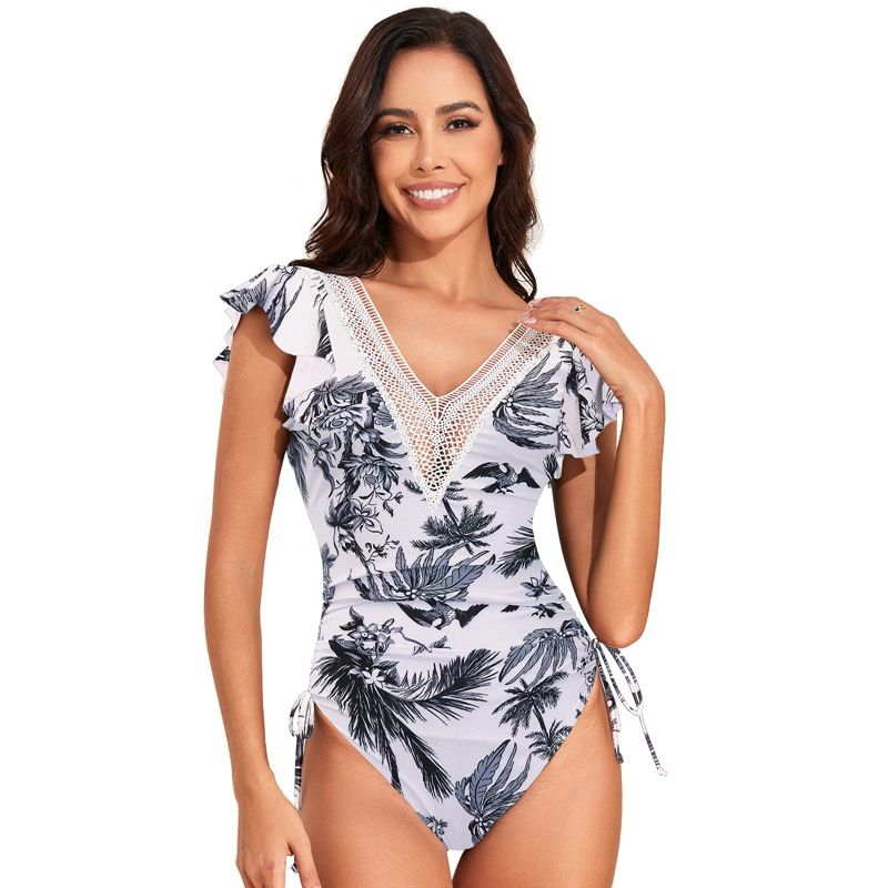 Nowy damski kostium kąpielowy z nylonu w jednolitym kolorze, jednoczęściowy, z bufiastymi rękawami_voghion.com