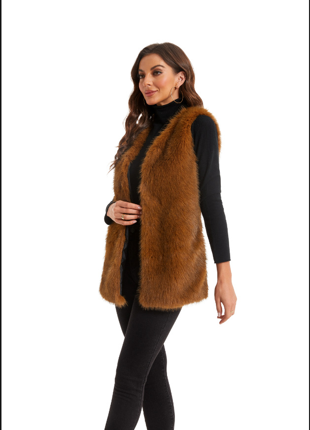 Women's fur vest women's coat long fur vest warm V-neck sleeveless vest_voghion.com