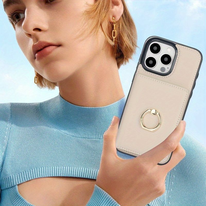 Étui portefeuille en cuir tendance pour téléphone portable 15/14/13/12 Pro/Pro Max/Plus, avec boucle à anneau pour doigt, clips pour cartes, doté d'un support pour téléphone_voghion.com