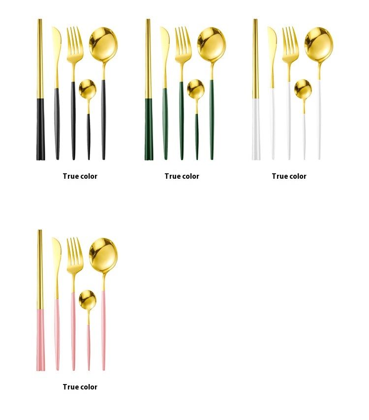 5-teiliges Geschirrset aus Edelstahl für Zuhause, Hotel, westliche Küche, Steak, Messer, Gabeln, Löffel, Essstäbchen-Set,_voghion.com