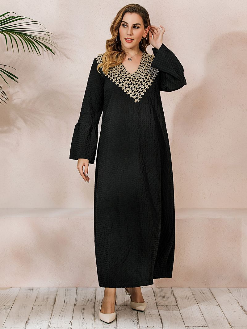 Women's long-sleeved trumpet-sleeved robe dress with V-neck embroidery, 200 catties can be worn_voghion.com