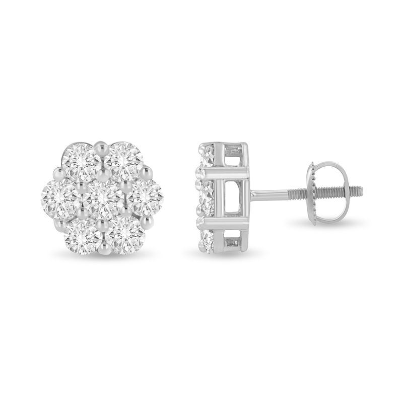 14K White Gold 3 cttw Prong Set Round-Cut Diamond Floral Cluster Stud Earring (I-J Color, SI1-SI2 Clarity)_voghion.com