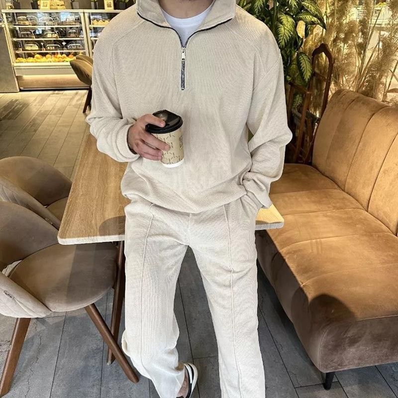 Trendy corduroy pak met staande kraag en halve rits, TK Casual heren nieuwe sweatshirtset_voghion.com