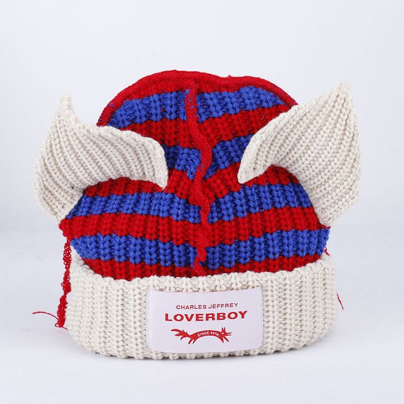 Designer Orecchie di gatto Cappello da diavolo Moda uomo e donna Cappello lavorato a maglia caldo autunno inverno a righe di nicchia a contrasto_voghion.com
