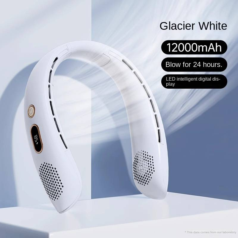Ventilatore silenzioso indossabile portatile per interni ed esterni, a mani libere, senza lama, a 360°, batteria da 12000 mAh, ricaricabile tramite USB, 3 velocità, bianco e blu_voghion.com