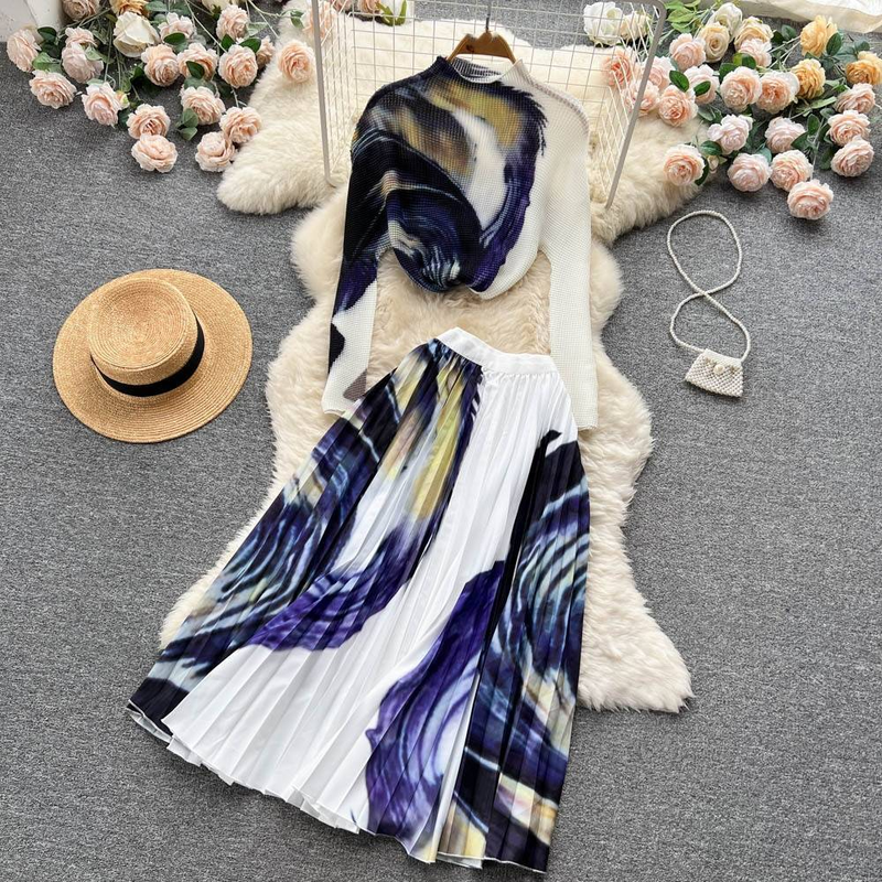 Dameskleding nieuwe bedrukte trui + geplooide rok tweedelige trendy set_voghion.com