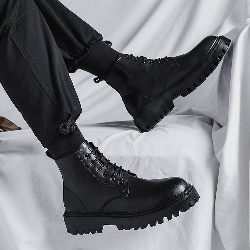 Men's high top trendy spring and autumn British style retro mid top leather shoes with raised black Martin boots_voghion.com