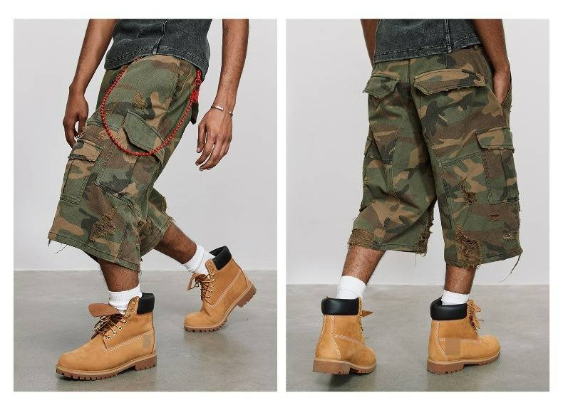Men's Clothing Stonewashed Washed Distressed Cropped Pants Overalls Loose Wide Leg Shorts_voghion.com